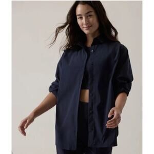 Athleta womens oversized poplin button up top navy blue size Large